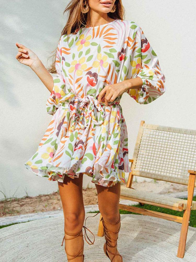 Astrid Baskılı Yuvarlak Yaka Kuşaklı Tunik Mini Elbise