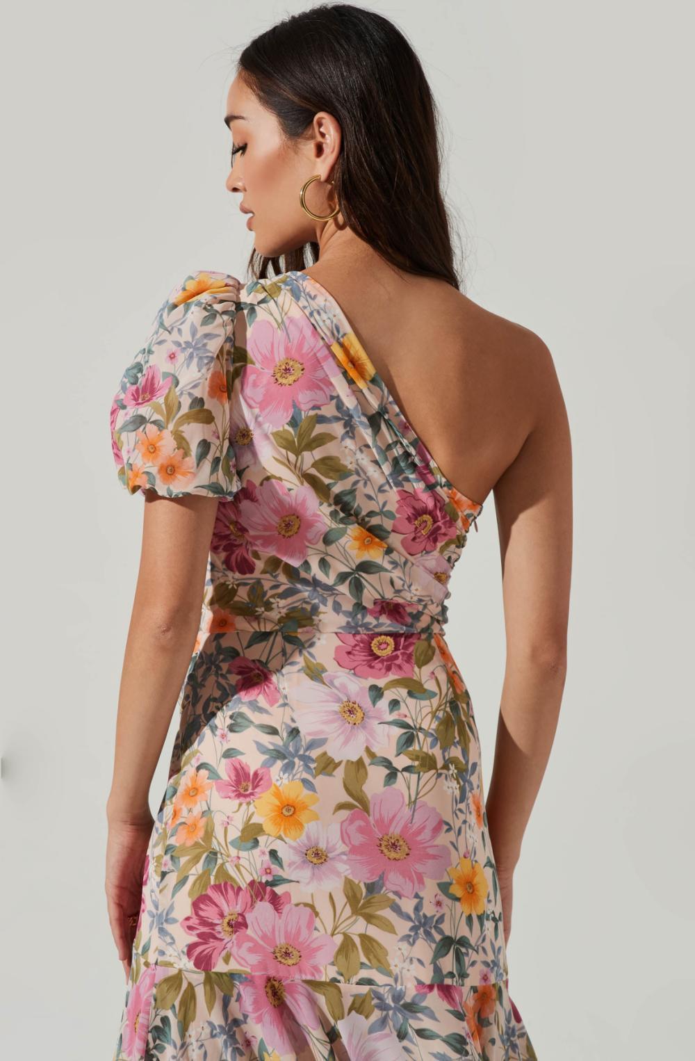 Bblythe Baskılı Tek Omuz Flare Midi Elbise