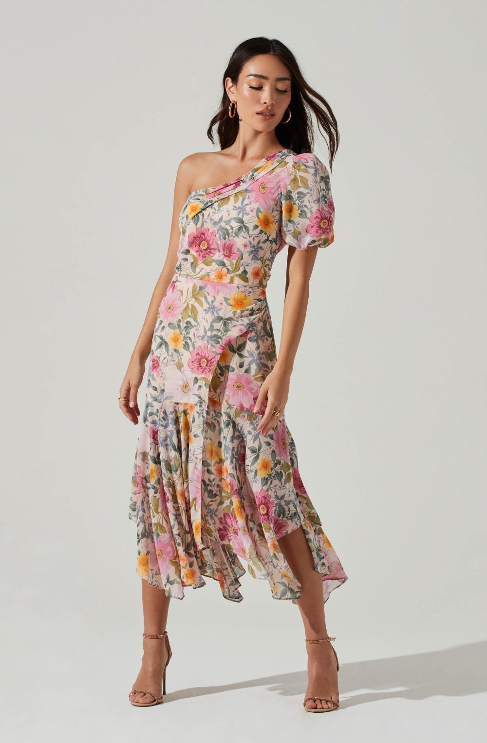 Bblythe Baskılı Tek Omuz Flare Midi Elbise