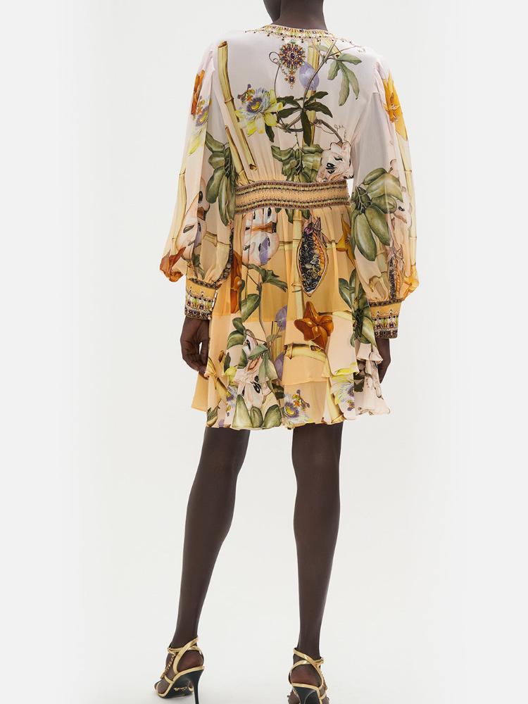 Bernice Baskılı V Yaka Katlı Mini Elbise