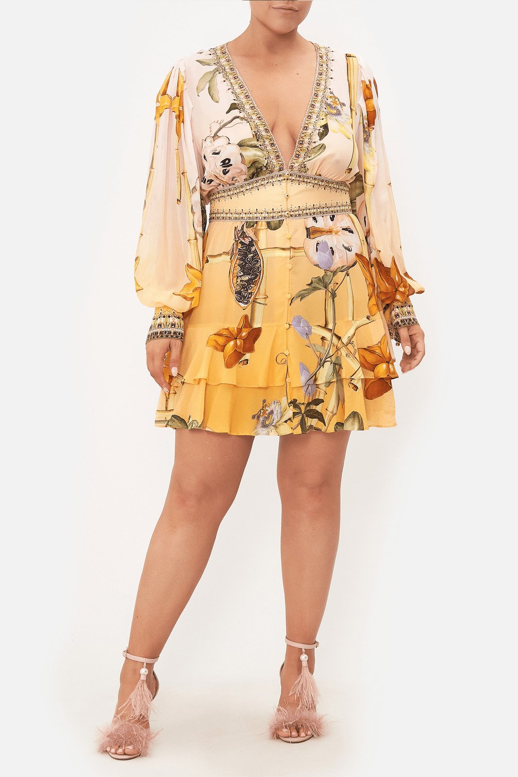 Bernice Baskılı V Yaka Katlı Mini Elbise