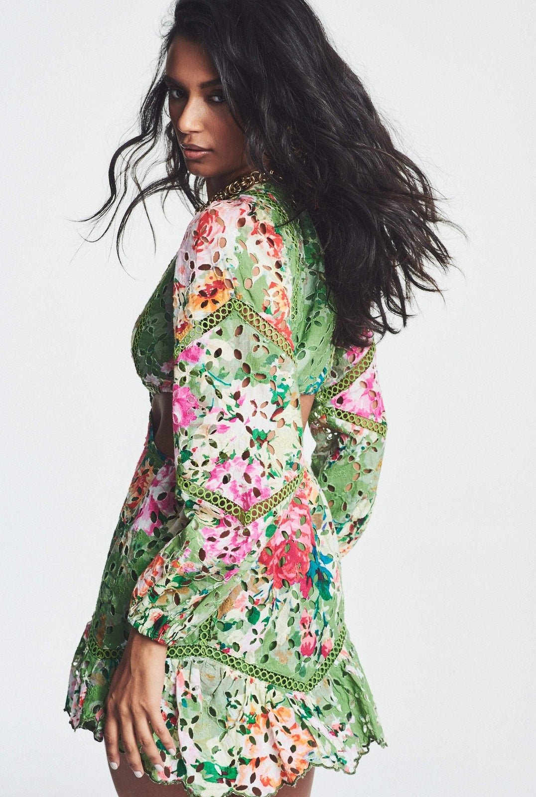 Beverly Baskılı Nakışlı Dantel Cut-Out Mini Elbise