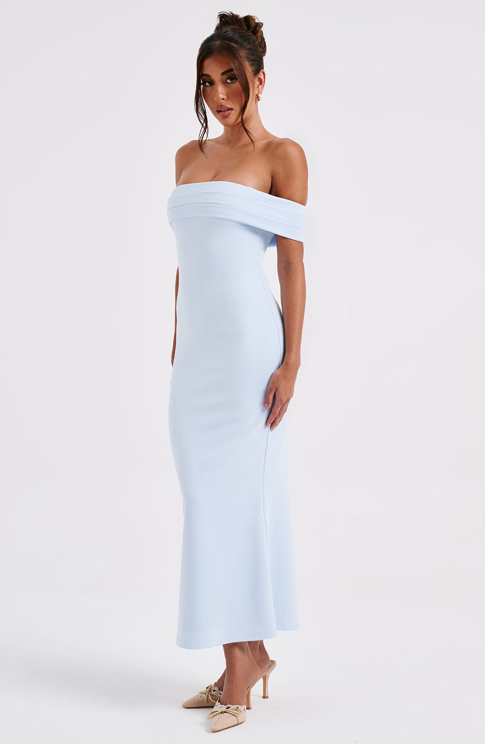 Drape Off-Shoulder Uzun Elbise – Bebe Mavisi