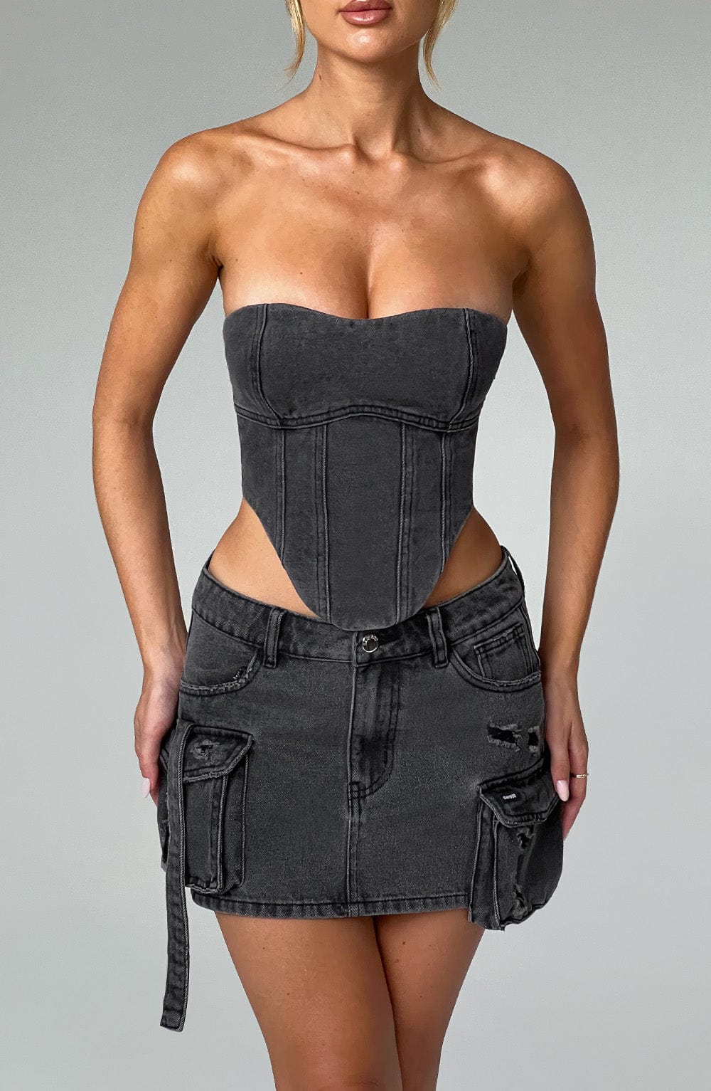 Kargo Cepli Mini Denim Etek – Siyah