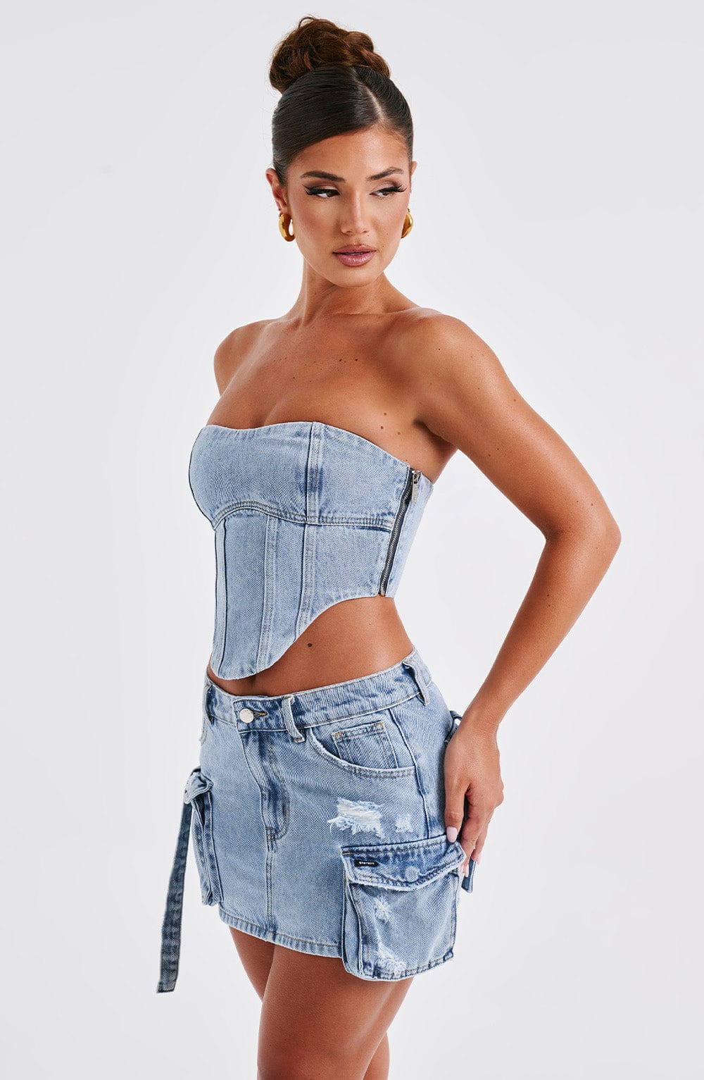 Denim Cepli Mini Etek – Açık Mavi