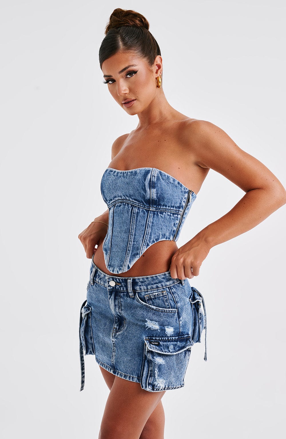 Denim Cep Detaylı Mini Etek – Mavi