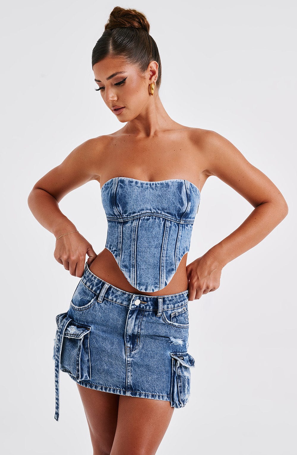 Denim Cep Detaylı Mini Etek – Mavi