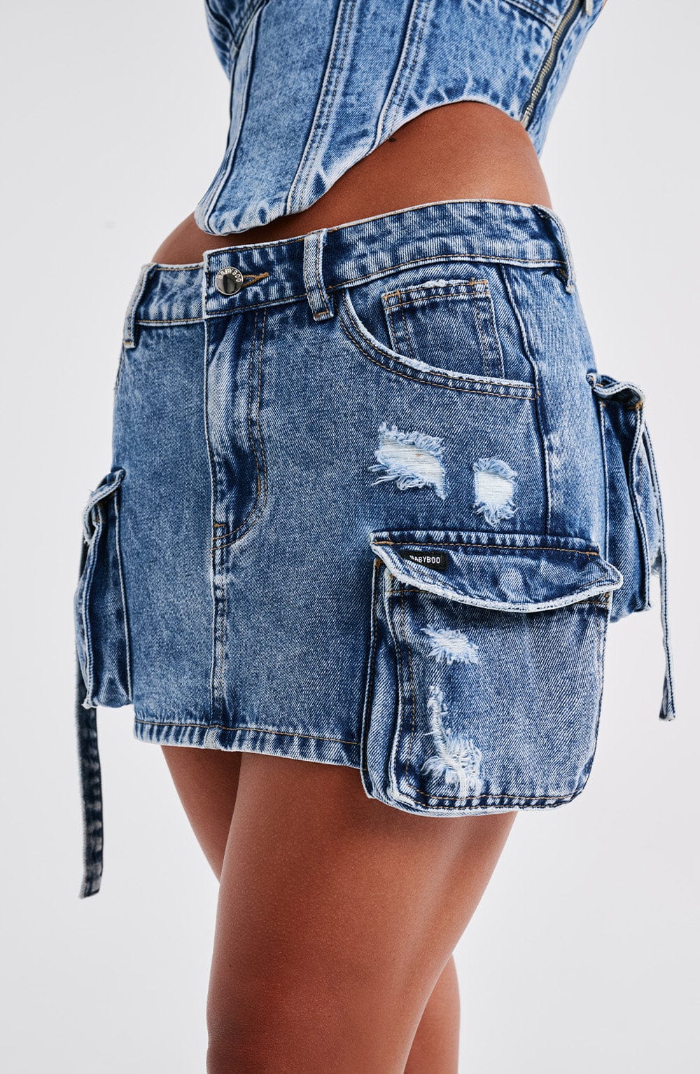 Denim Cep Detaylı Mini Etek – Mavi