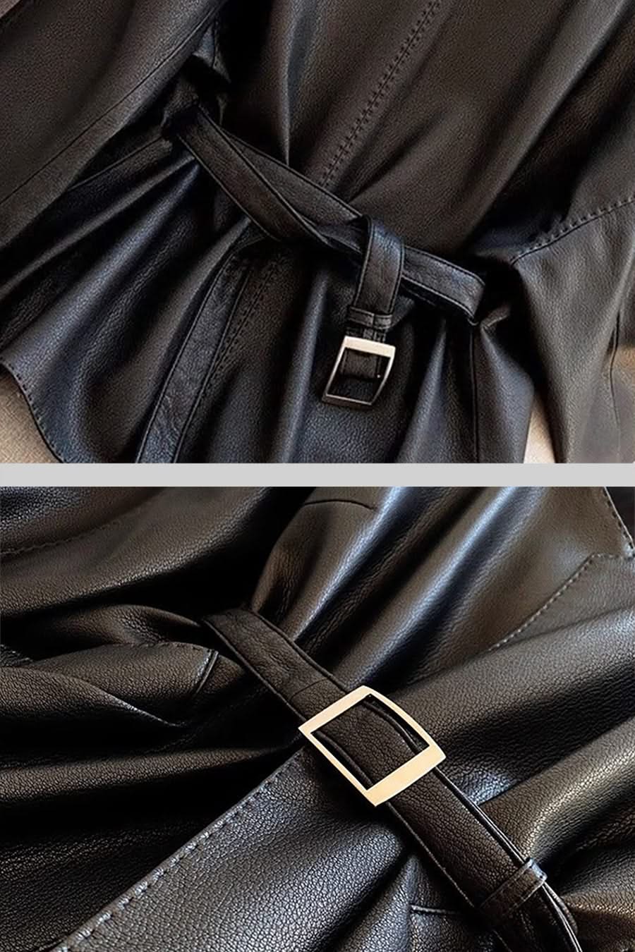 Ayarlanabilir Bel Kemerli Vegan Deri Ceket - Siyah