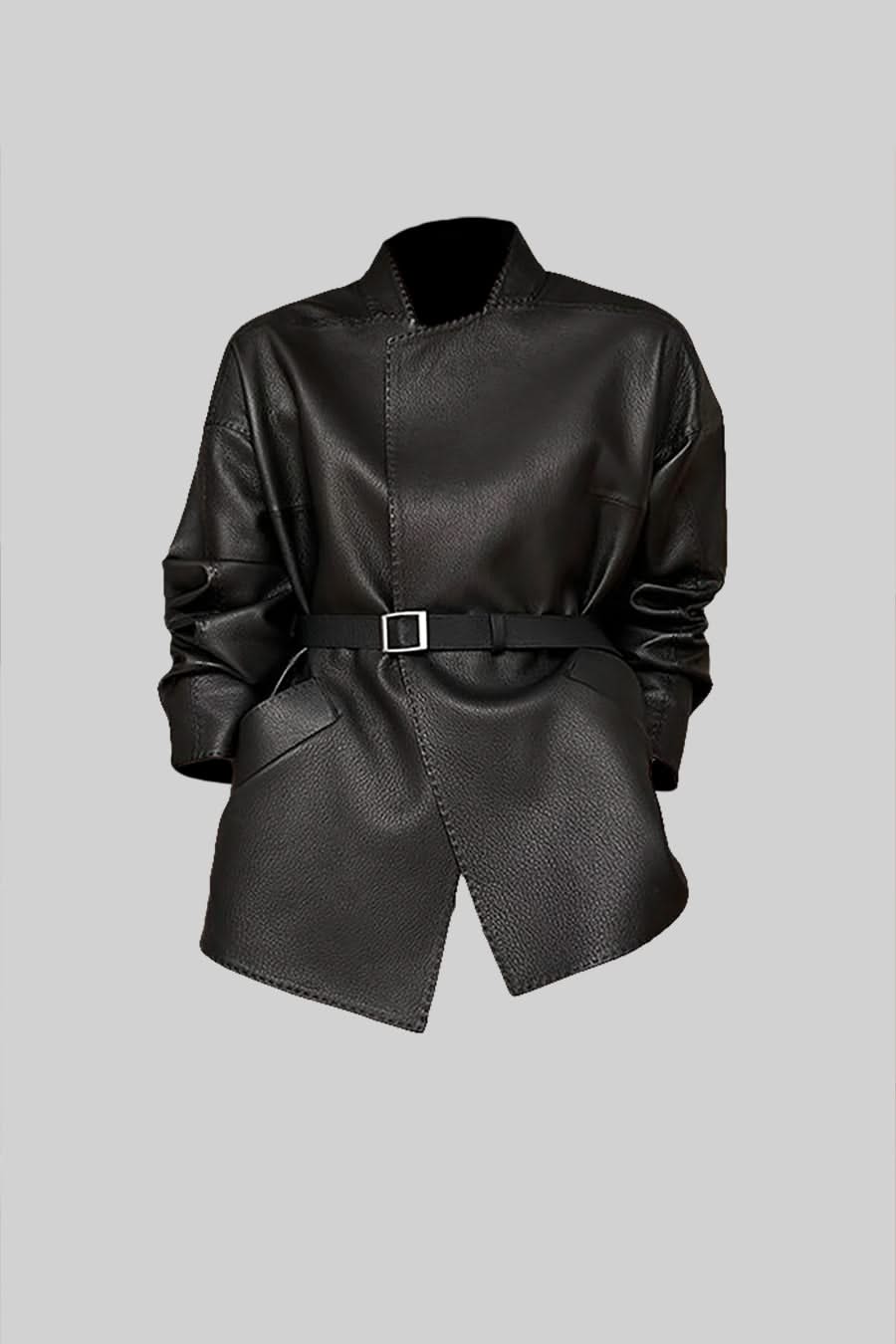 Ayarlanabilir Bel Kemerli Vegan Deri Ceket - Siyah