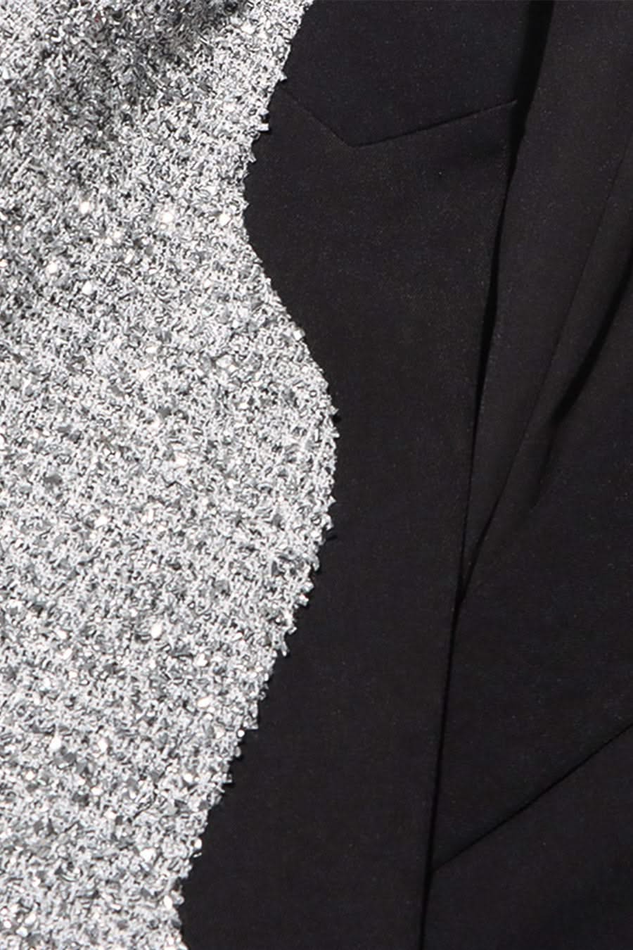 Asimetrik Etek Ucuna Sahip Çağdaş Çift Tonlu Blazer - Siyah Ve Gümüş