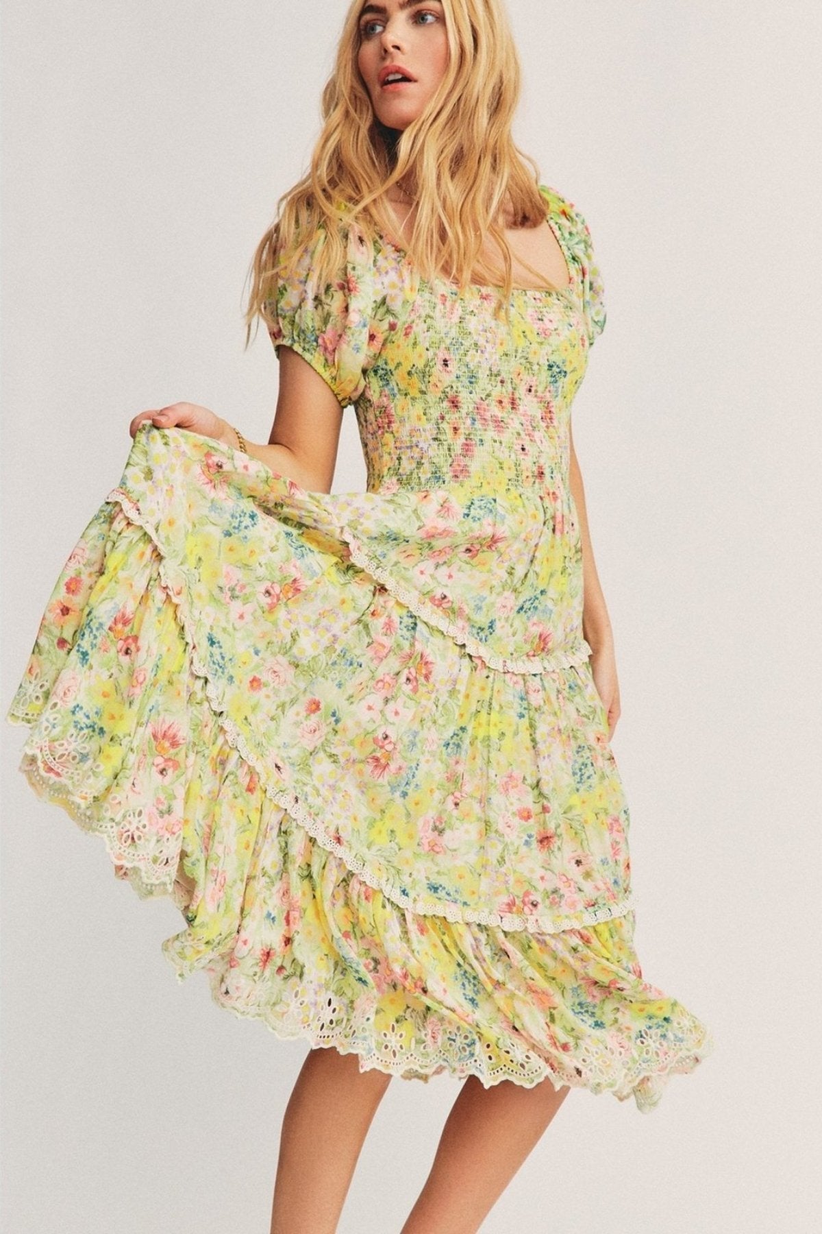 Brianna Baskılı Dantelli Midi Elbise