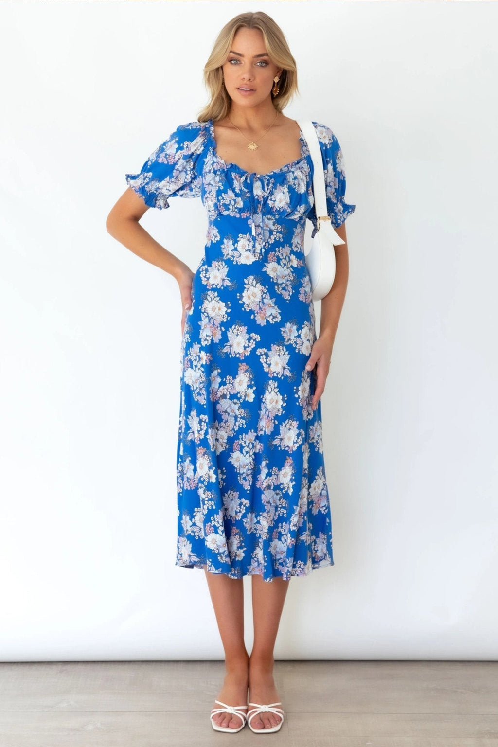 Brook Baskılı Kalpli Balon Kol Midi Elbise