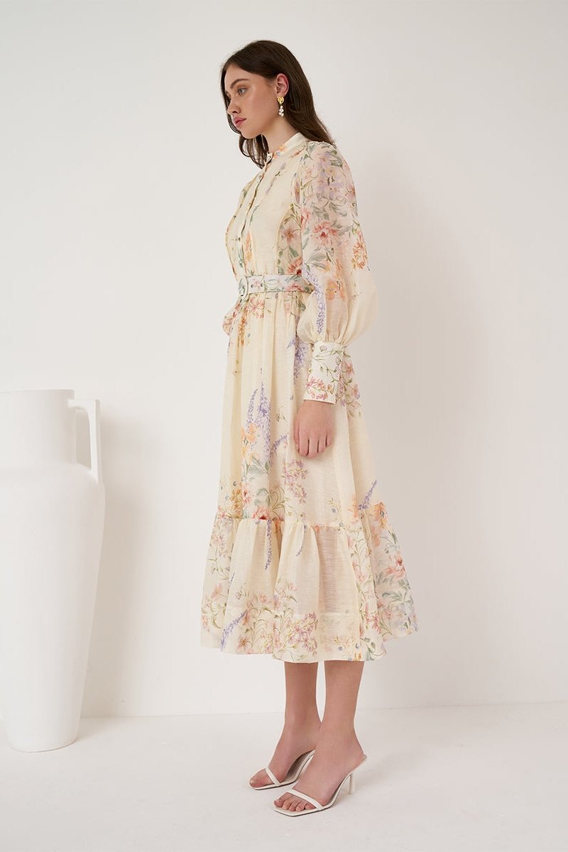 Caitlin Baskılı Kuşaklı Midi Elbise