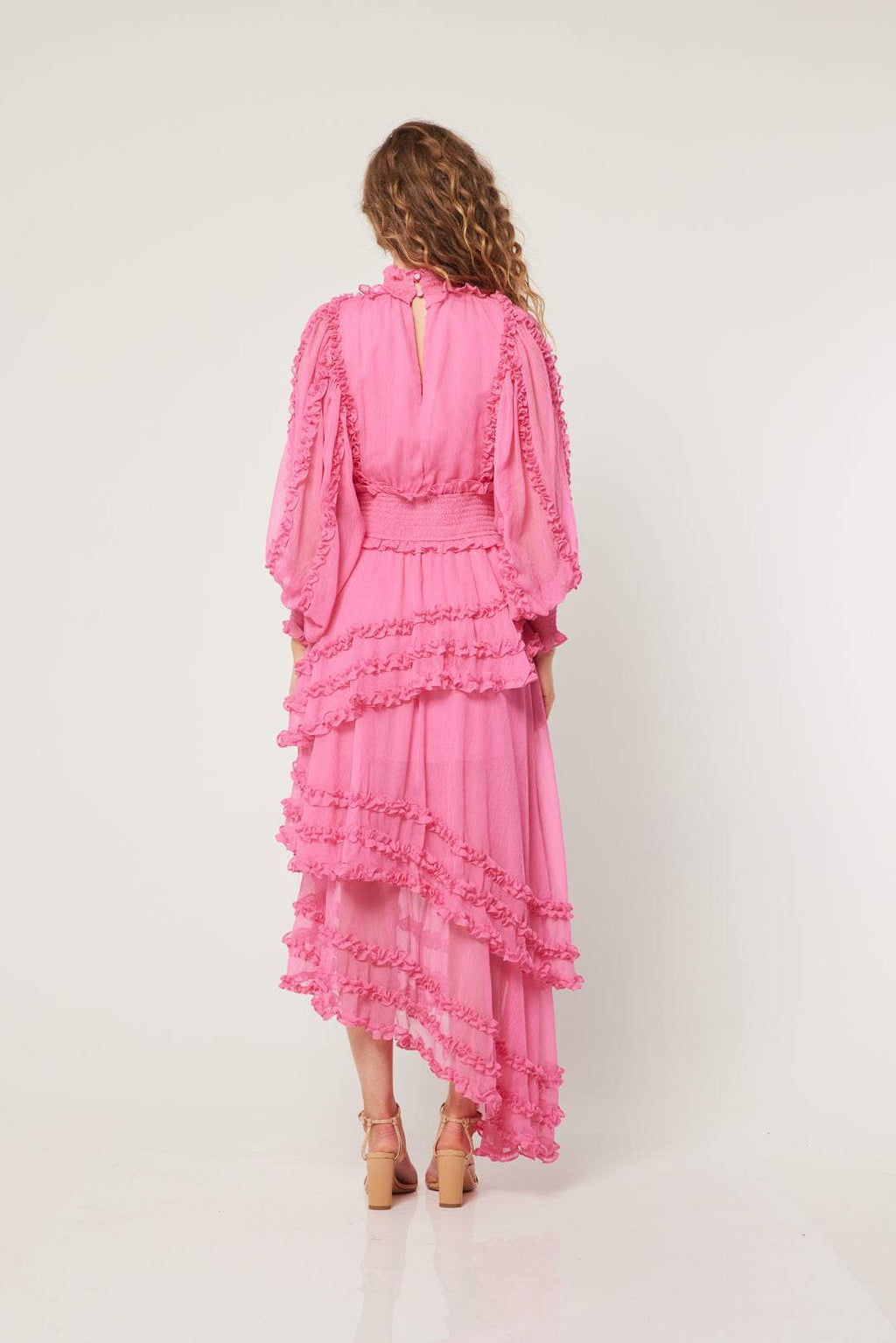 Candida Fırfırlı Büzgülü Asimetri Midi Elbise