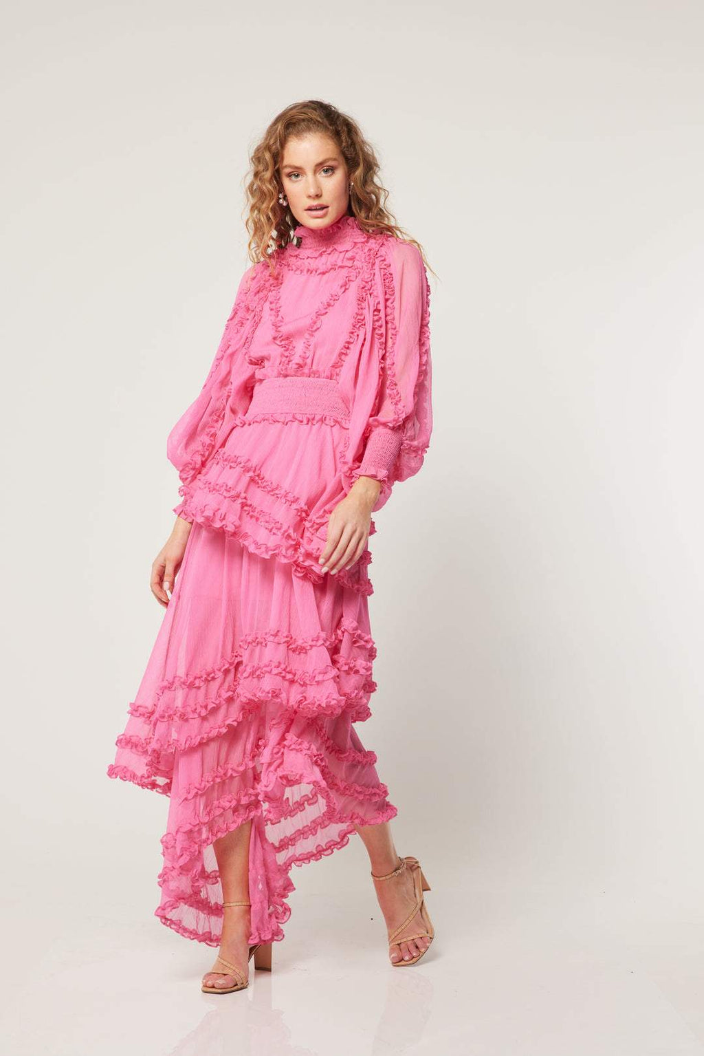 Candida Fırfırlı Büzgülü Asimetri Midi Elbise