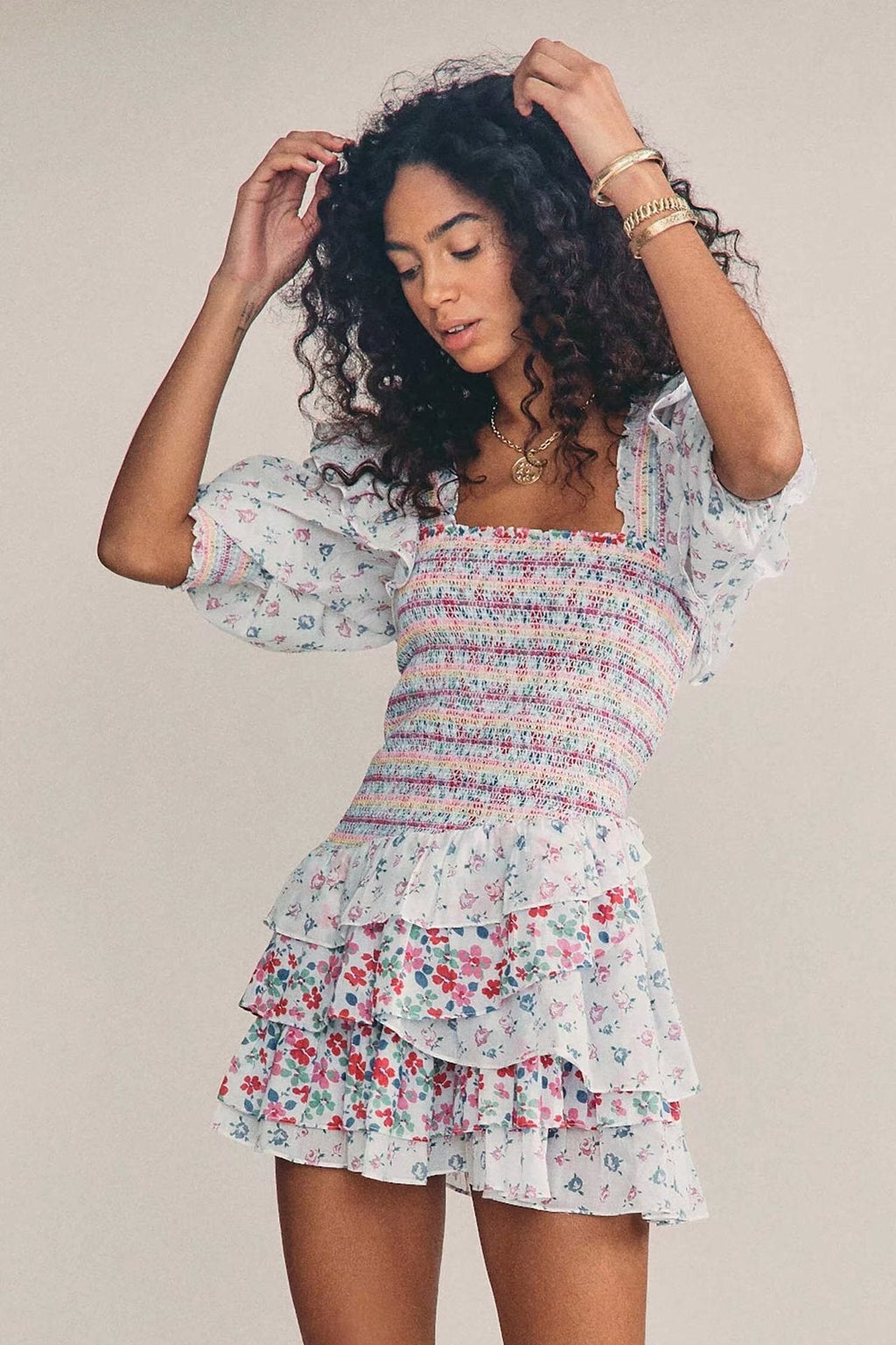 Carlin Baskılı Büzgülü Korsajlı Fırfırlı Mini Elbise