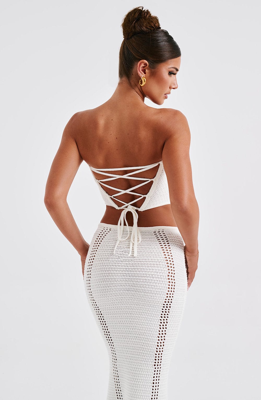 Dantelli Straplez Korseli Triko Üst – Beyaz