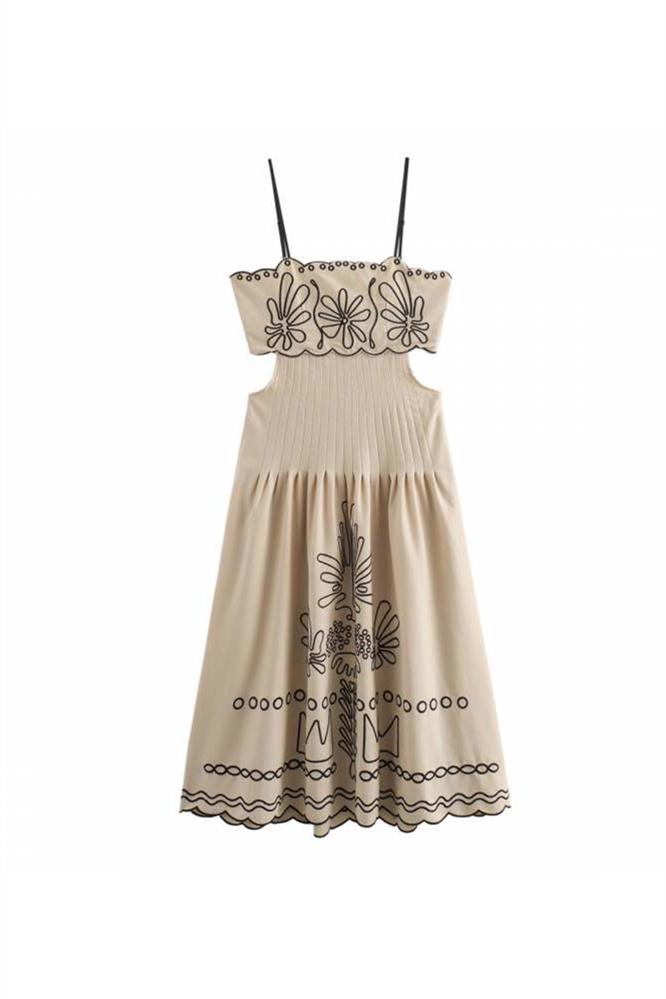 Caroline Soyut Nakışlı Midi Elbise