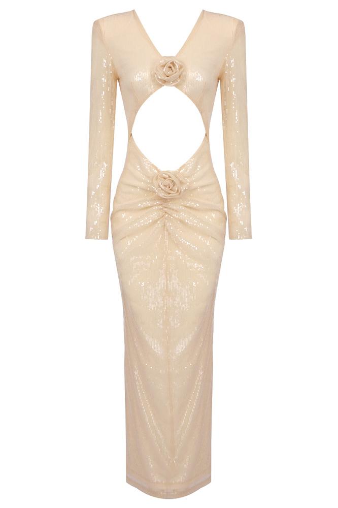 Cathy Çiçek Payetler Midi Elbise