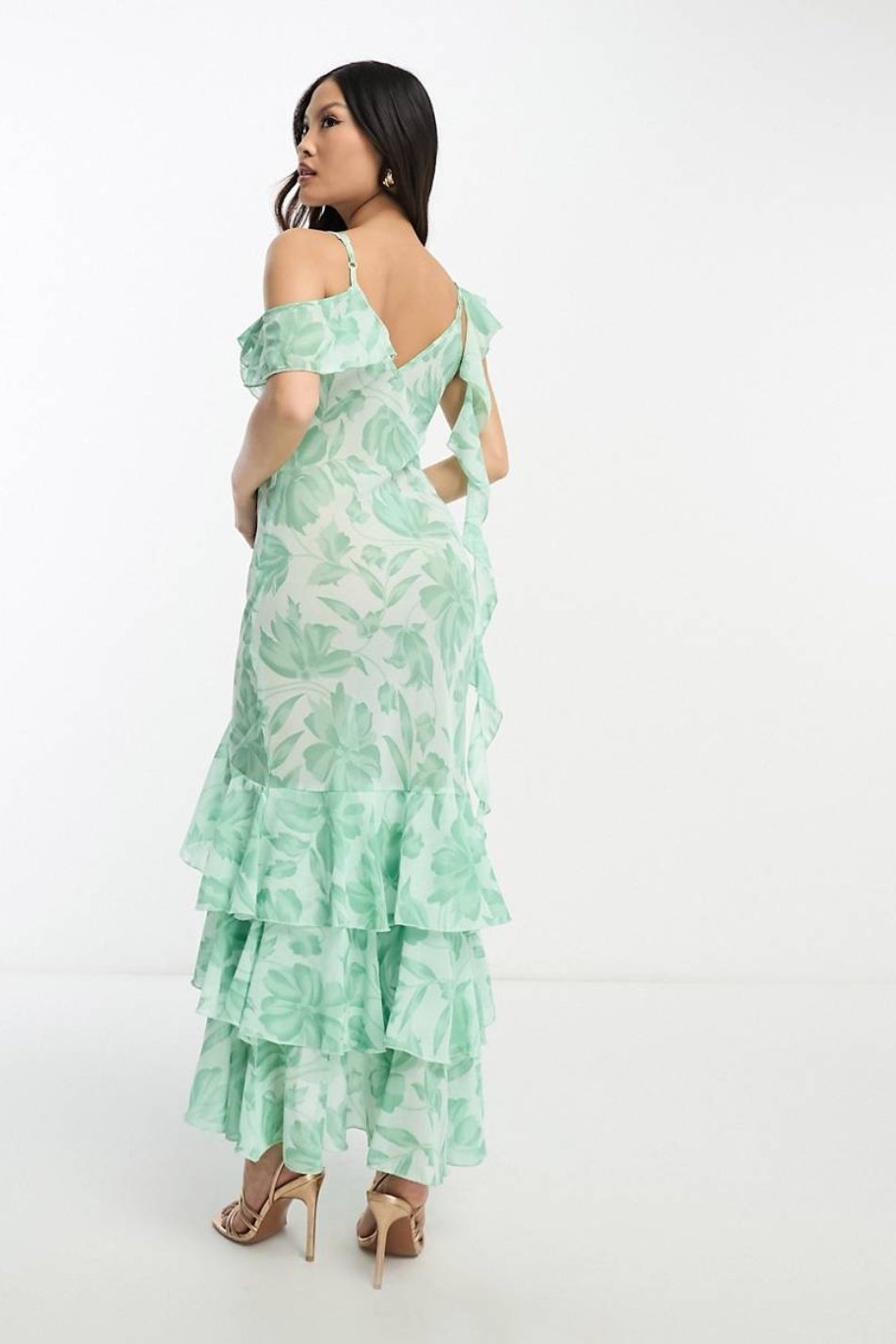 Kiraz Baskılı Fırfırlı Flare Midi Elbise