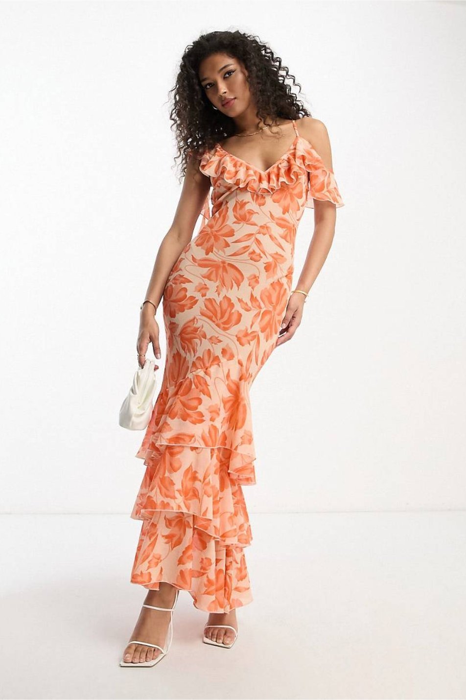 Kiraz Baskılı Fırfırlı Flare Midi Elbise