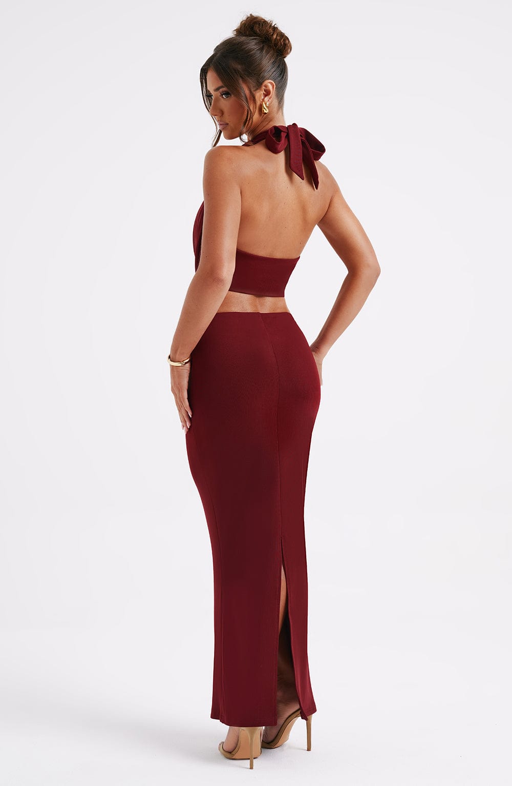 Drapeli Halter Yaka Elastik Crop Top – Bordo