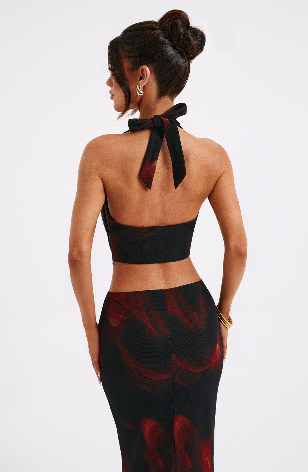 Bağlamalı Drape Detaylı Crop Top – Siyah Kırmızı