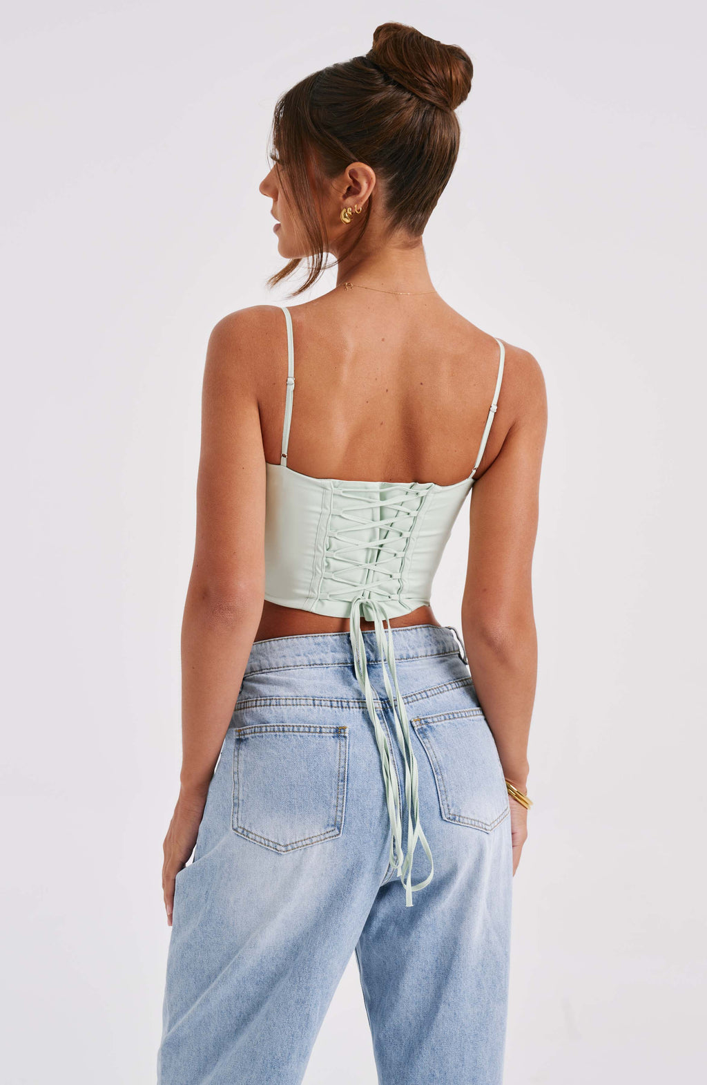 Korse Detaylı İnce Askılı Crop Top – Mint Yeşili