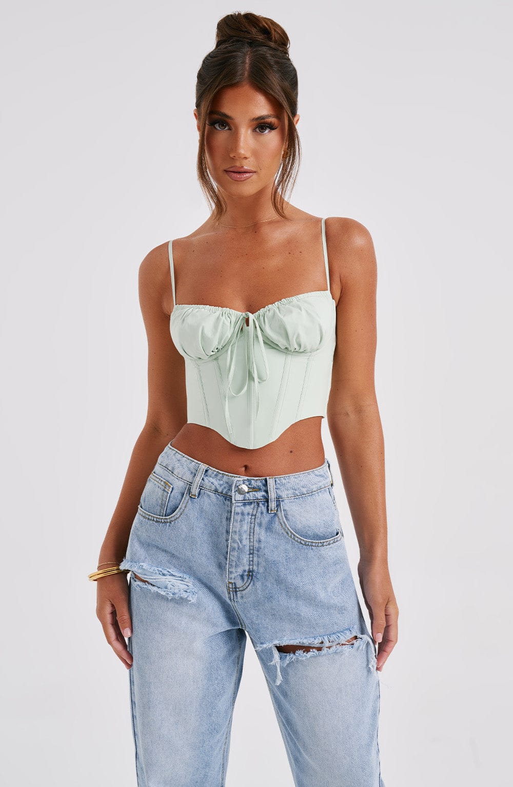 Korse Detaylı İnce Askılı Crop Top – Mint Yeşili