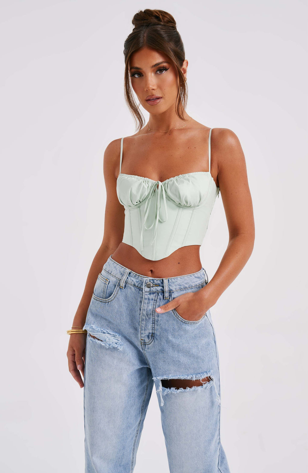 Korse Detaylı İnce Askılı Crop Top – Mint Yeşili
