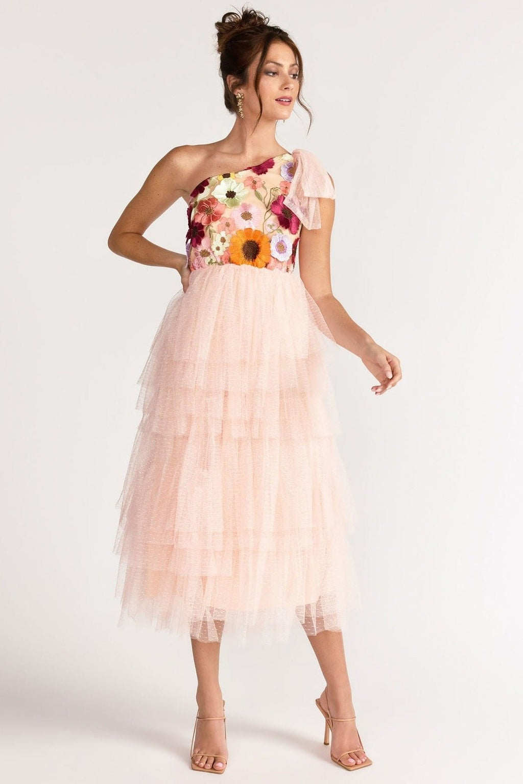 Claudia İşlemeli Tek Omuz Fırfırlı Midi Elbise