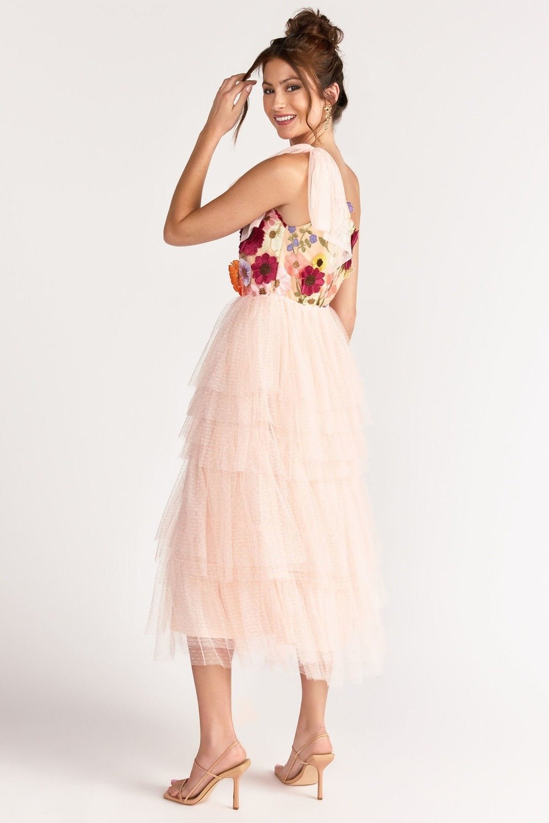 Claudia İşlemeli Tek Omuz Fırfırlı Midi Elbise