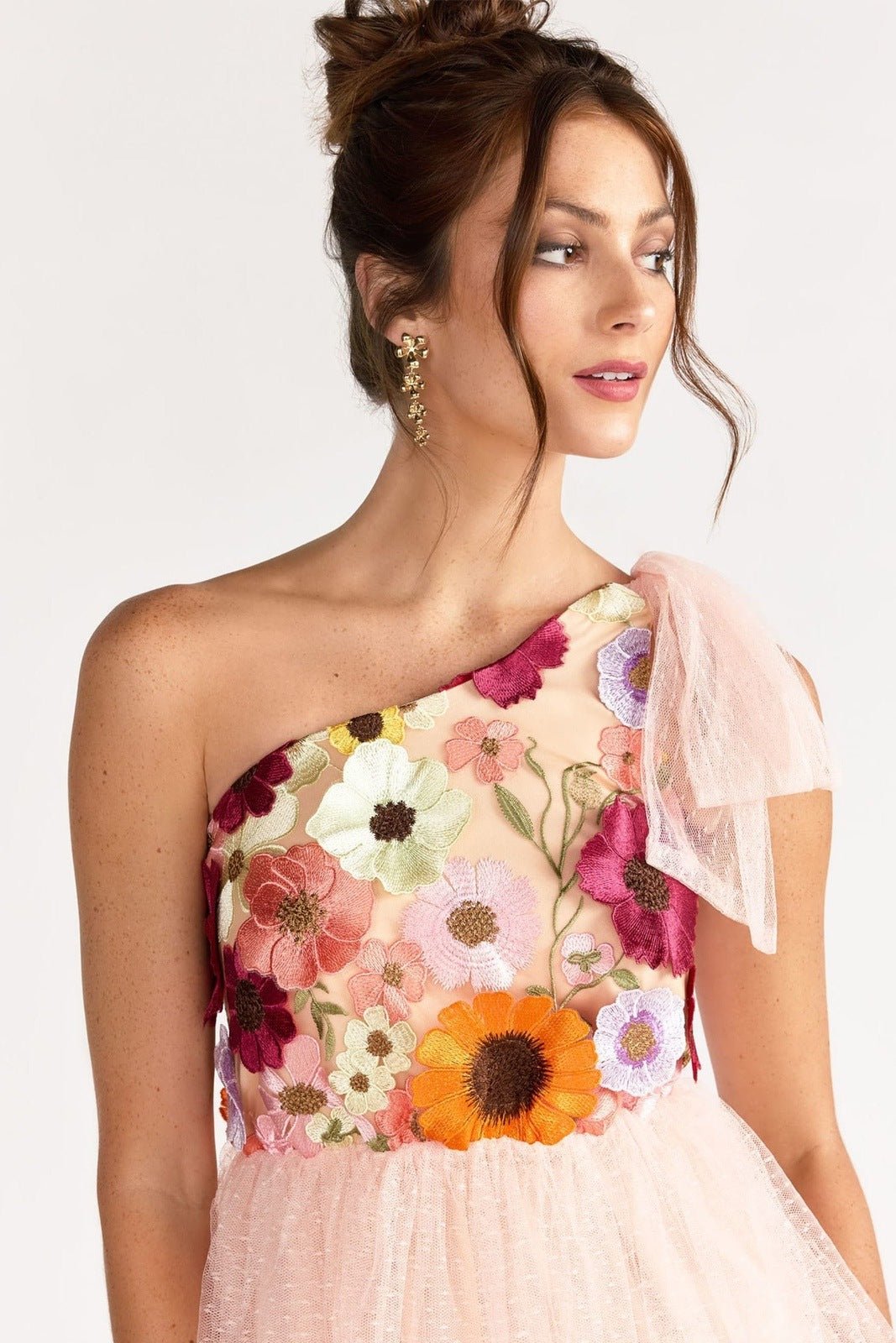 Claudia İşlemeli Tek Omuz Fırfırlı Midi Elbise