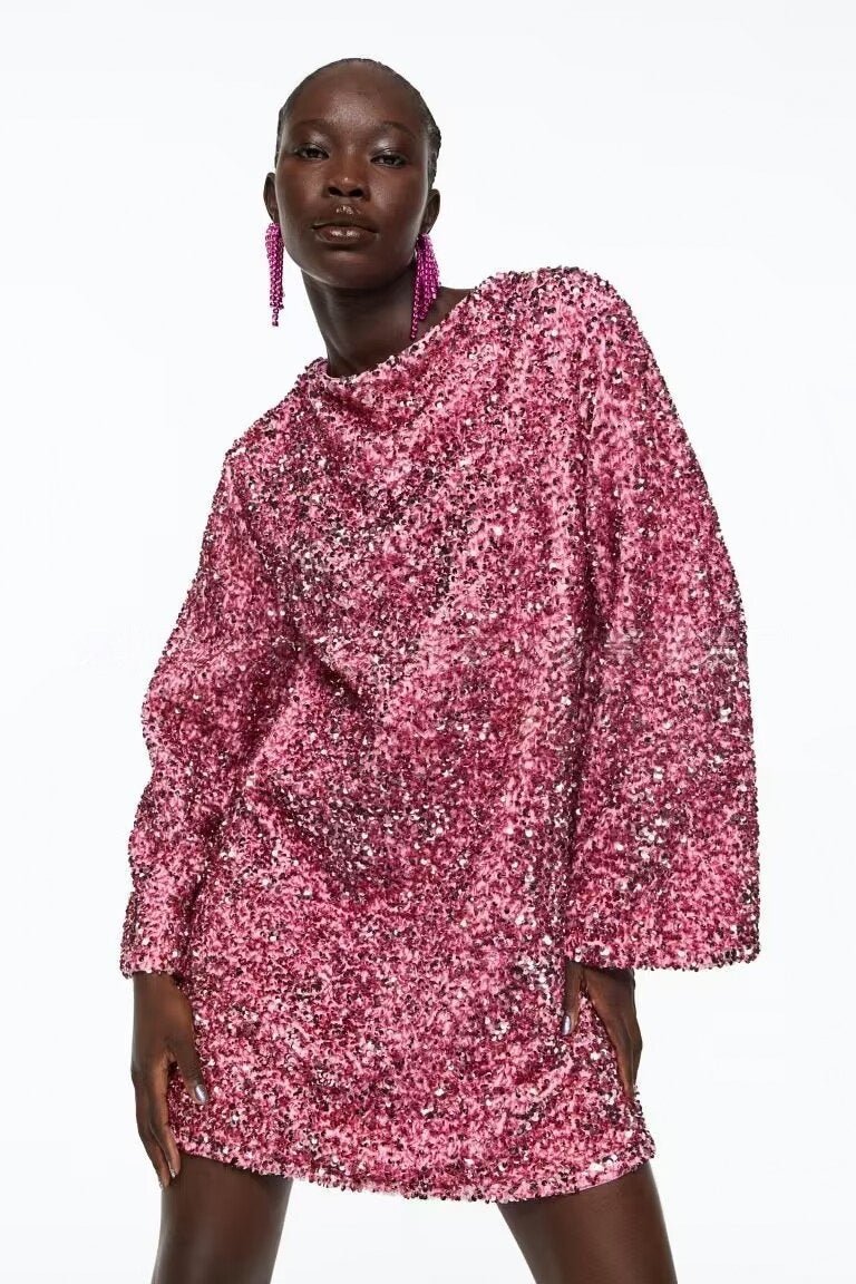 Mercan Payetli Arkadan Bağlamalı Mini Elbise