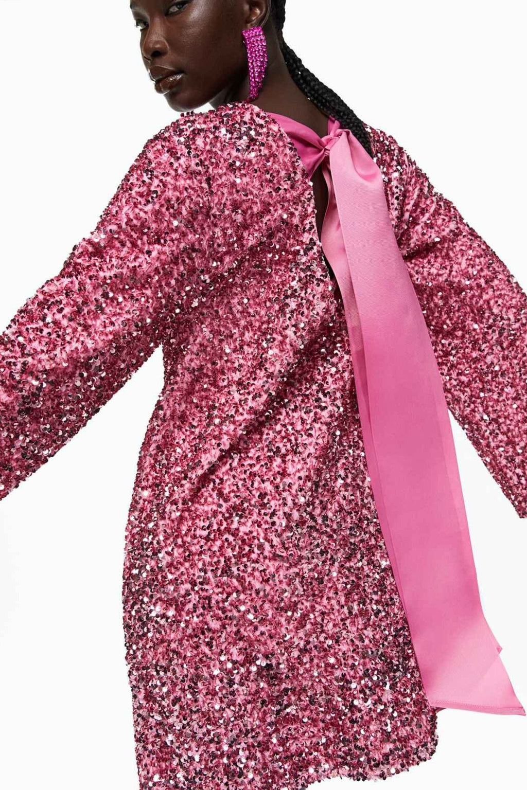 Mercan Payetli Arkadan Bağlamalı Mini Elbise