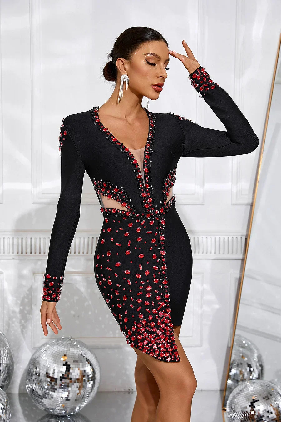 Siyah Akasya Taşlı Mini Elbise