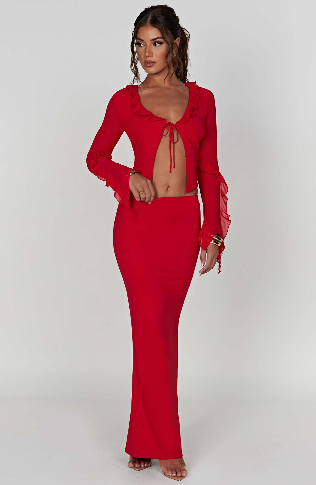 Fırfırlı Bağcıklı Uzun Kollu Crop Bluz – Kırmızı