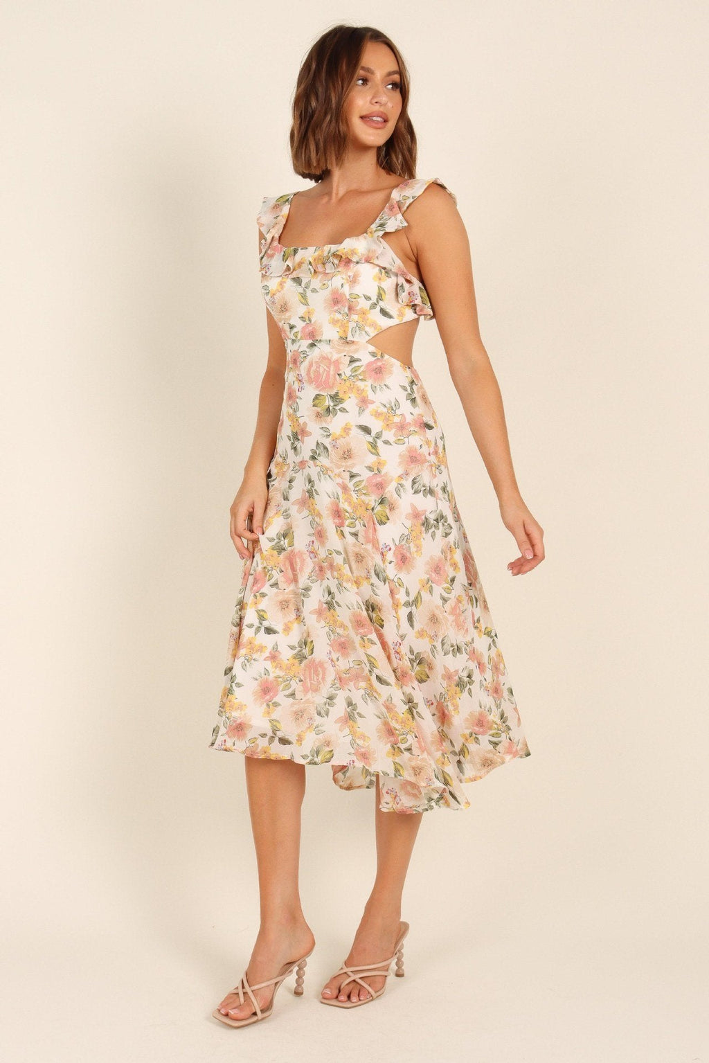 Deirdre Baskılı Düğümlü Fırfırlı Flare Midi Elbise