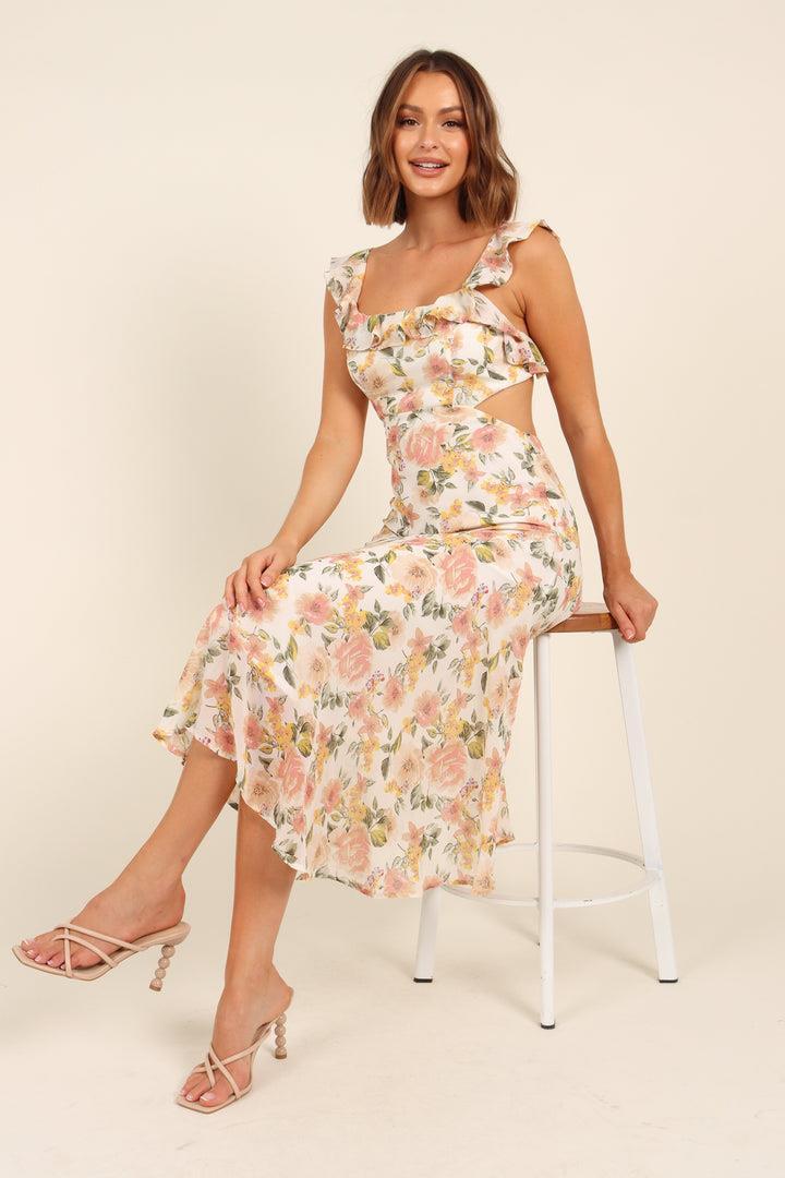 Deirdre Baskılı Düğümlü Fırfırlı Flare Midi Elbise