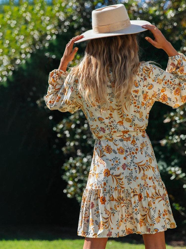 Delia Baskılı V Yaka Köylü Mini Elbise