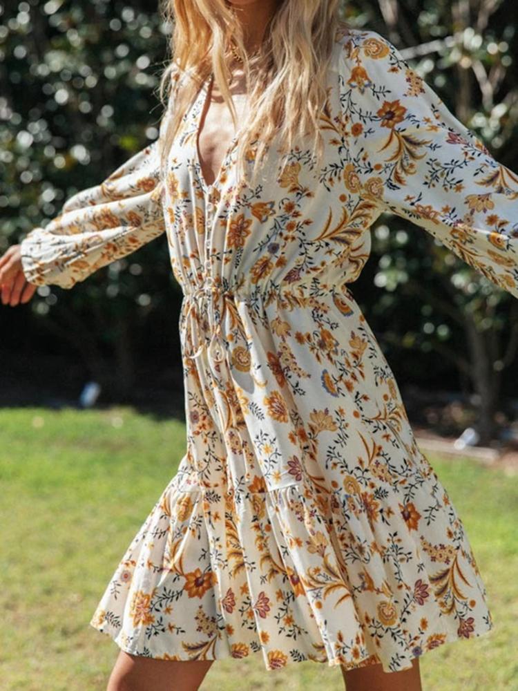 Delia Baskılı V Yaka Köylü Mini Elbise