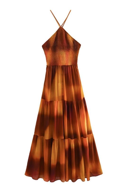 Diana Baskılı Büzgülü Boyundan Bağlı Midi Elbise