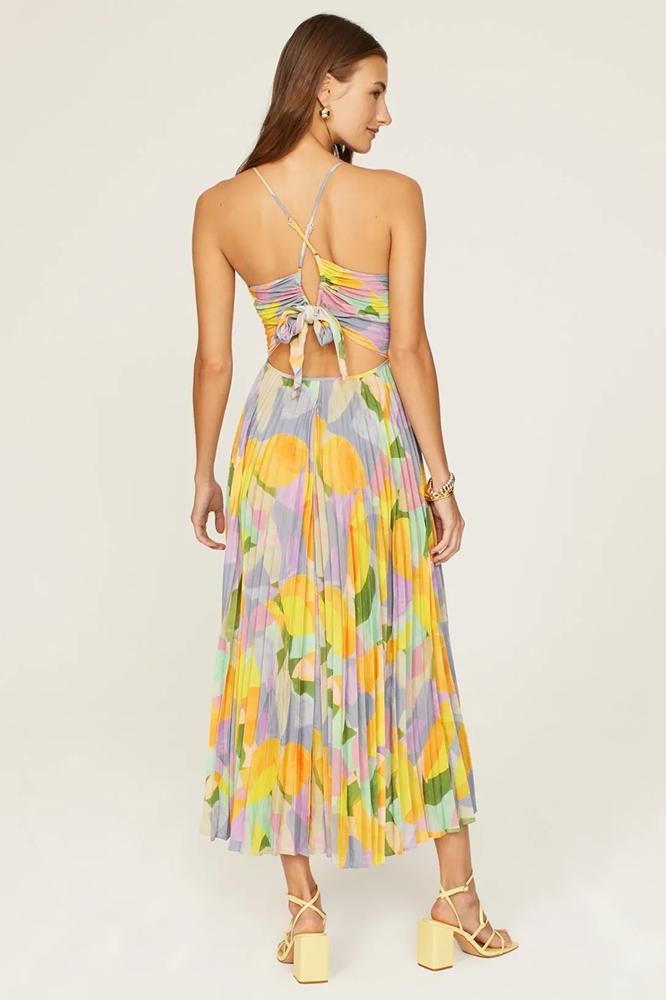 Eden Baskılı Plise Düğümlü Midi Elbise