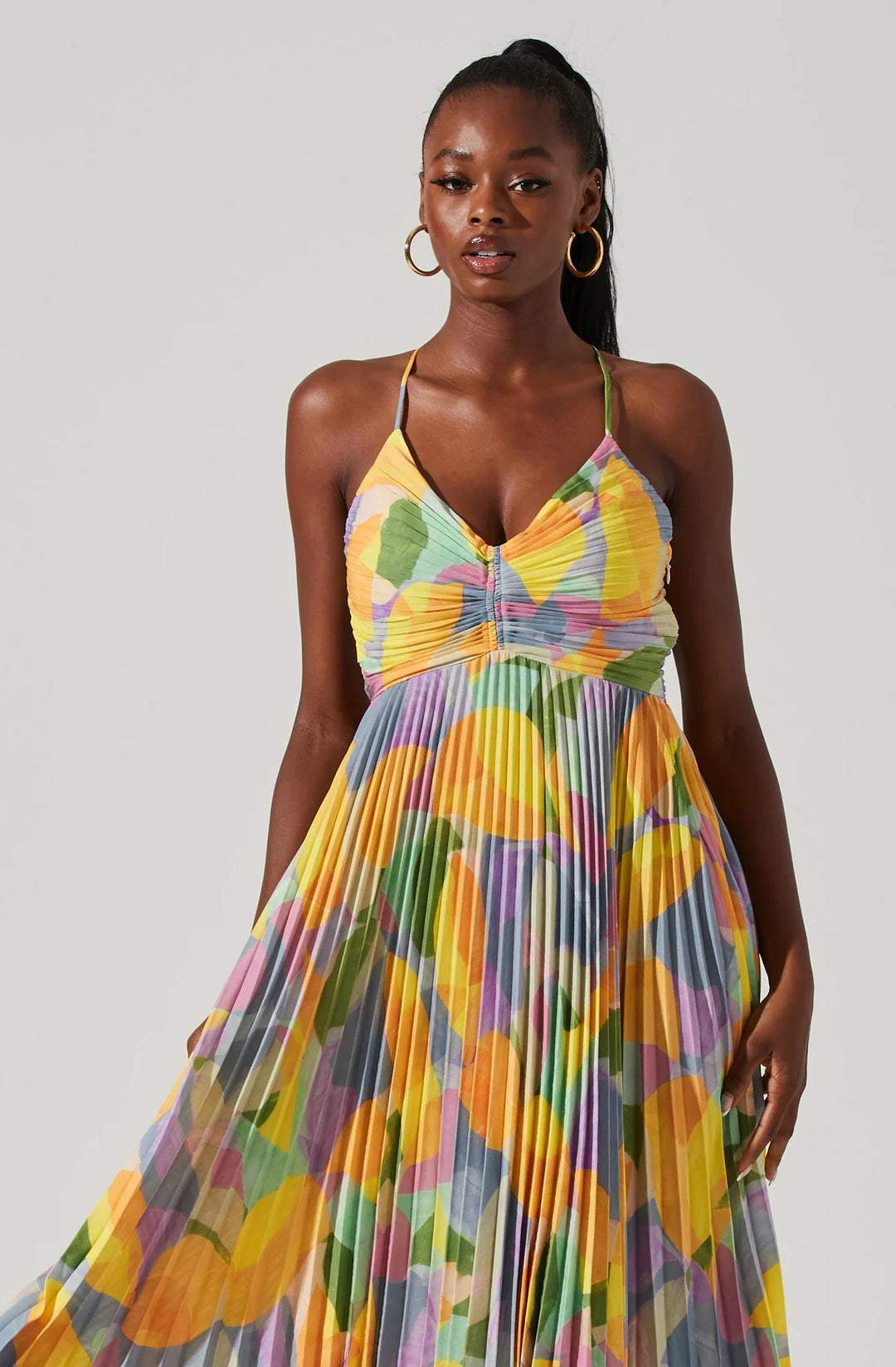 Eden Baskılı Plise Düğümlü Midi Elbise