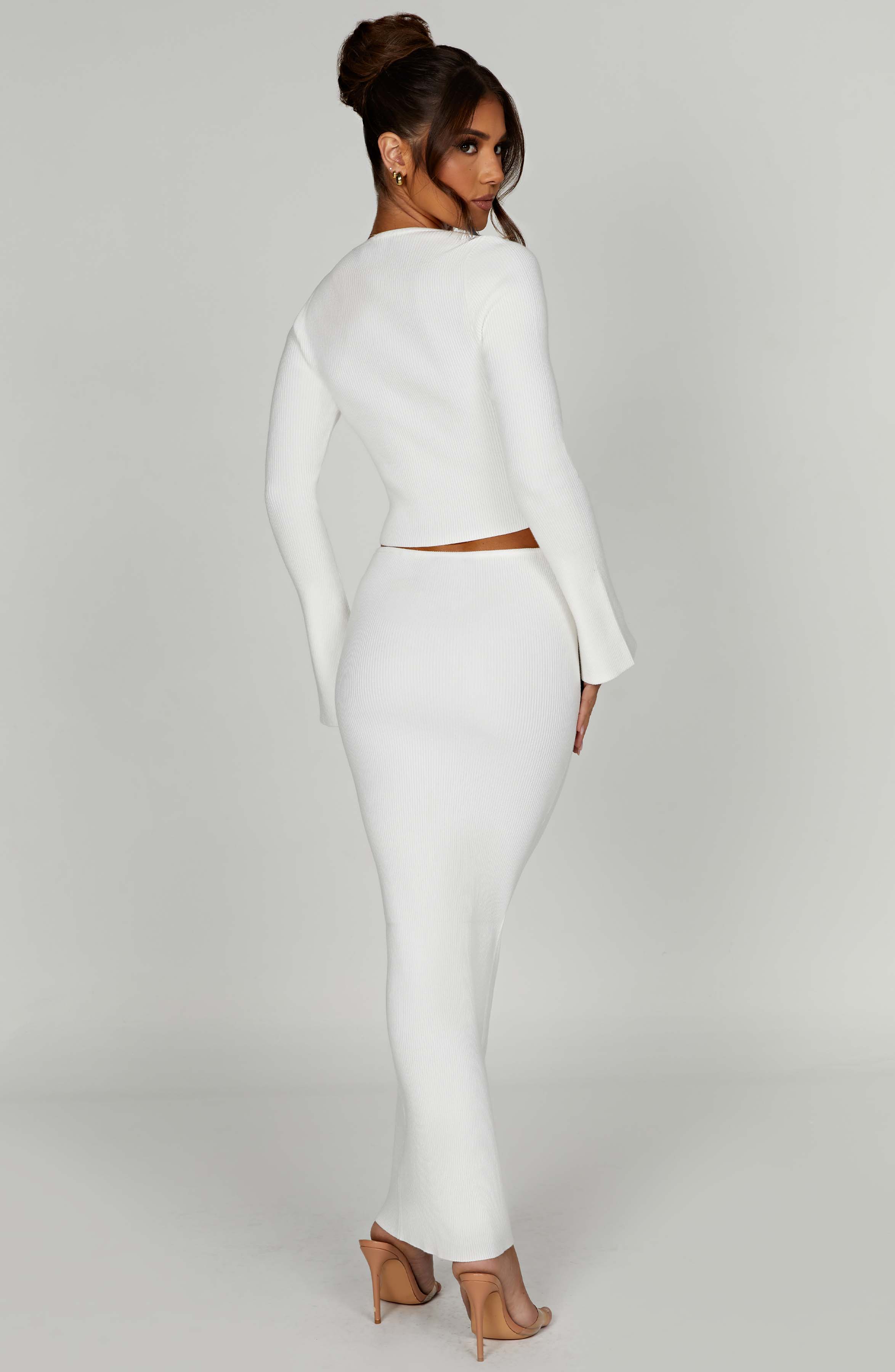 Yüksek Bel Belik Fitilli Uzun Etek – Beyaz