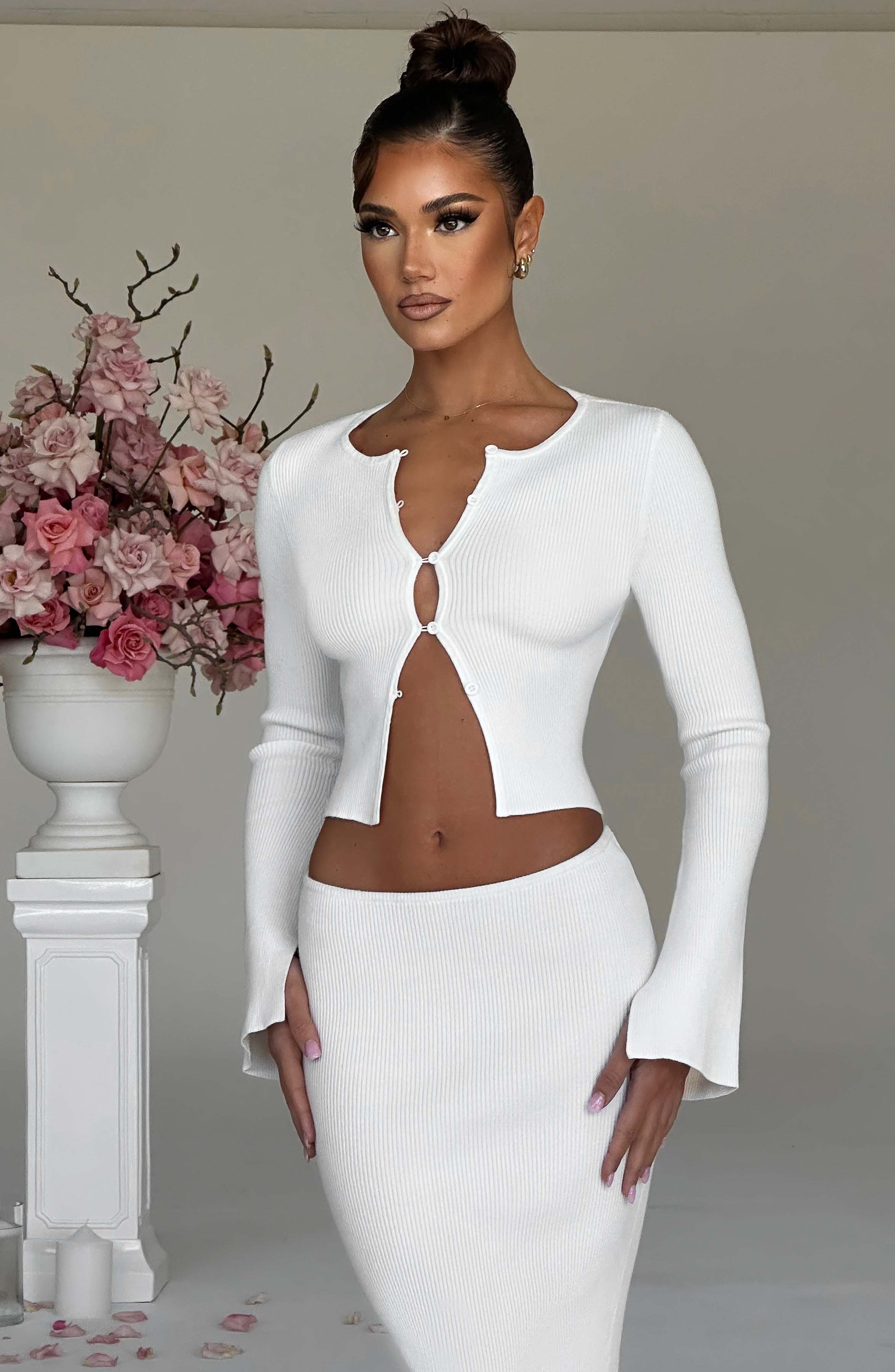 Yüksek Bel Belik Fitilli Uzun Etek – Beyaz