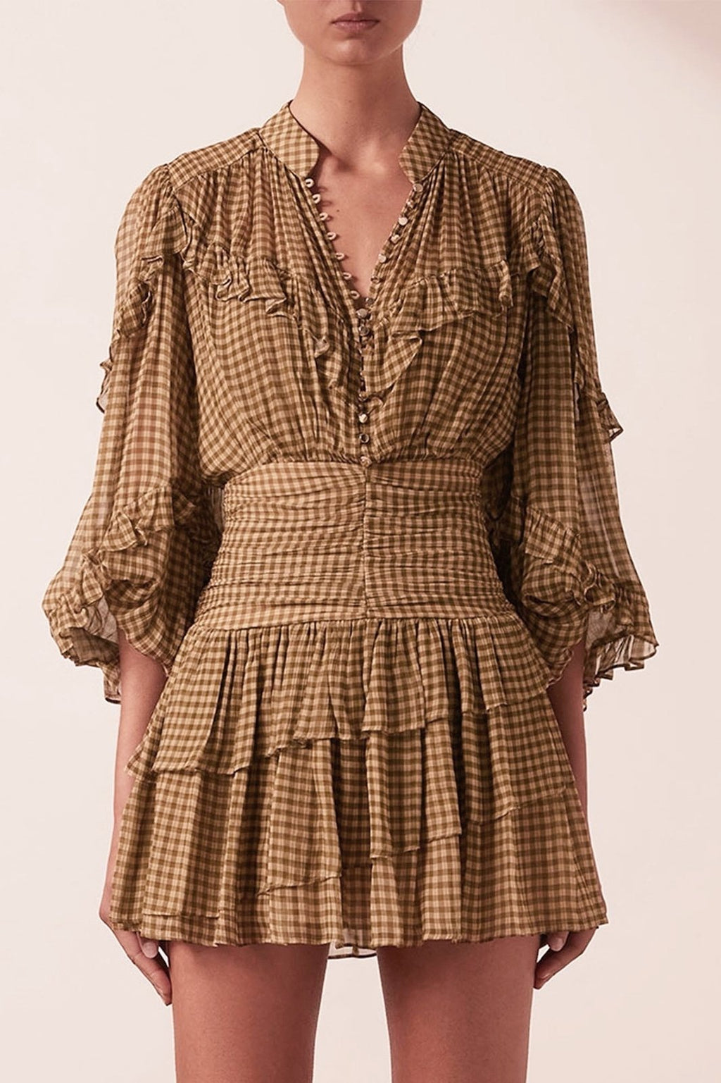 Eliza Ekose Baskılı Fırfırlı Büzgülü Şifon Mini Elbise