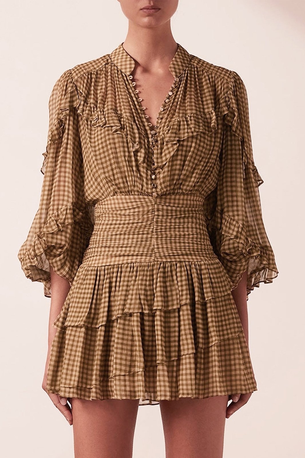 Eliza Ekose Baskılı Fırfırlı Büzgülü Şifon Mini Elbise