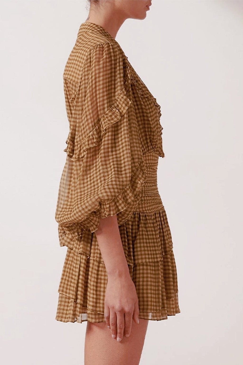 Eliza Ekose Baskılı Fırfırlı Büzgülü Şifon Mini Elbise